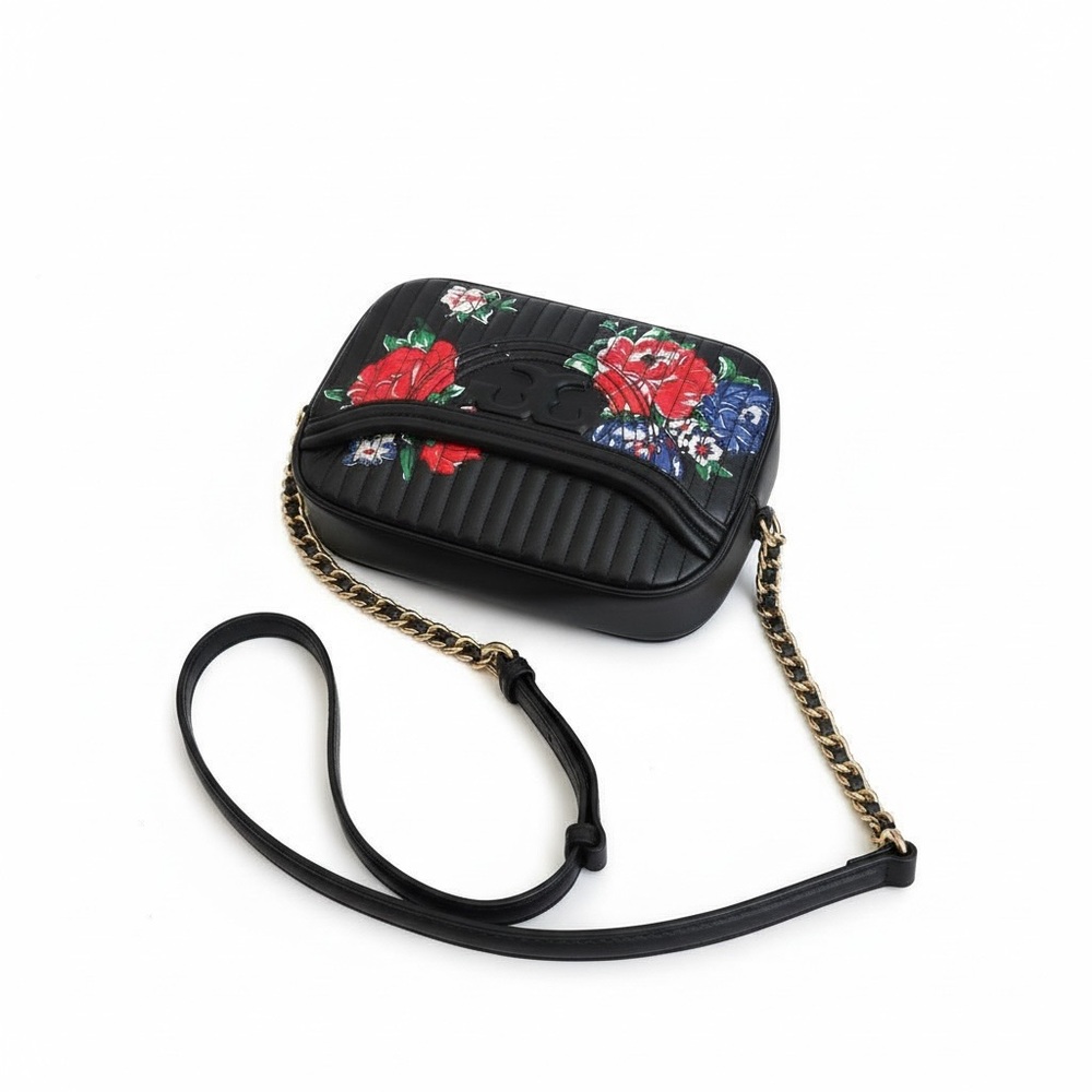 Tory Burch Floral Camera Crossbody Bag Black Nylon Leather Trim - Picture 6 of 12